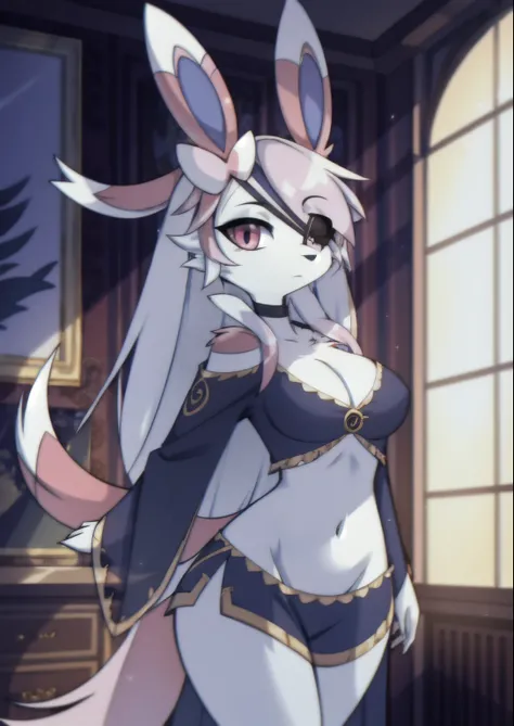 ((masterpiece, best quality)), (Pokémon), (sylveon) (furry), 4k, Detailed, Intricate Details, solo, one character, eye patch, woman with an eye patch, best quality, (female), fluffy fur, (tail), (2 ears), exposed navel, detailed breast, long flowing hair, ...