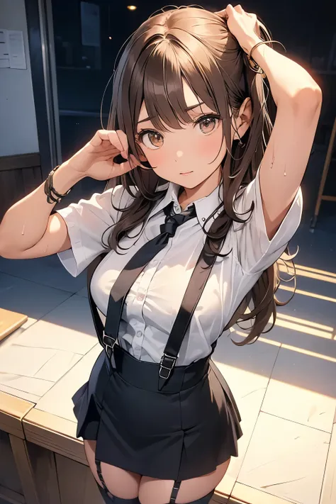 Brown Hair、Staring at the audience　　　Black suspenders　　　bulging big breasts　　 　 　　　wall: 　garter　　　　　sight　　　Small face　 　　　holster　　　Beautiful woman　　Show your hand　　 　sight 　　Taunt　side　side汗 　arm　Dress shirt　Black Suit　ベルト wall際　Put your hands up　Both h...