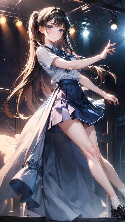 (Extremely detailed CG:1.2), (masterpiece:1.2), (best quality:1.2),,((absurd)),looking at the audience,whole body, ,(1 Girl),Solitary,(long hair),(Mataiyong uniform),(White short sleeve shirt),(navy_Blue pleated skirt),(long skirt),Dynamic angle,permanent,...