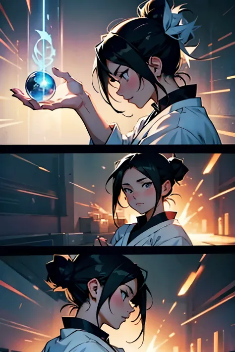 Anime girl with black hair in a bun using magic to heal someone, manga panels with dialogue 