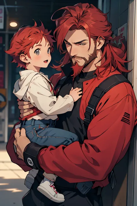 Anime guy with long brown hair and beard and a anime girl with short hair holding a baby boy with red hair