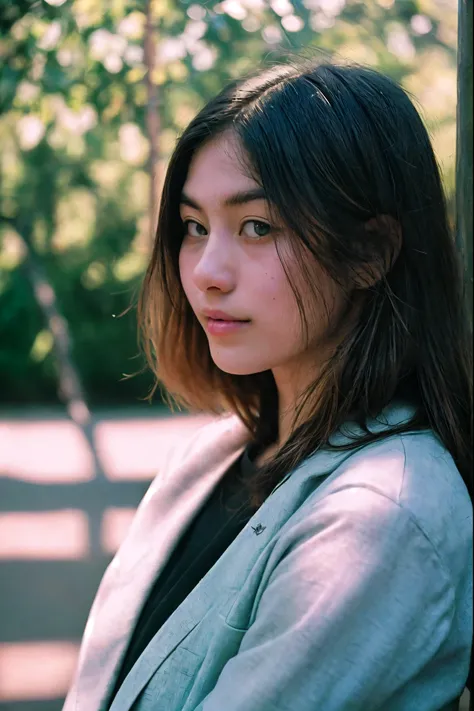 Portrait, shot on leica, shadowplay, gorgeous lighting, subtle pastel hues, outdoors ,solo