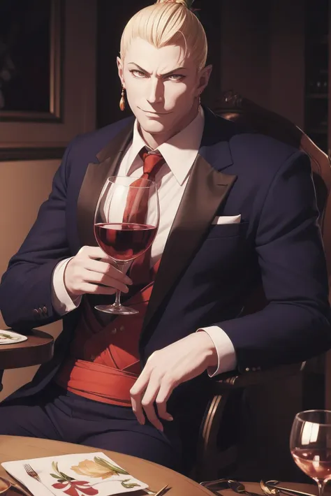 a portrait of kefka palazzo,man wearing a tuxedo,holding a glass of wine,mafia style,togashi yoshihiro art style,highly detailed...