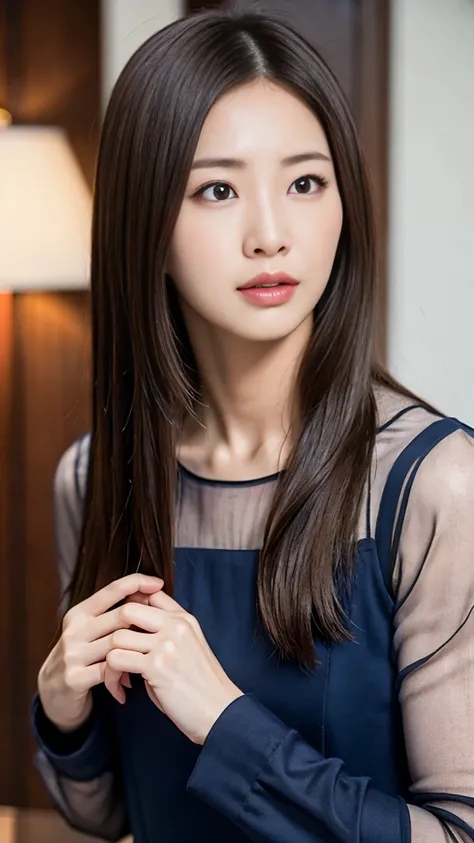 Realistic photos (one cute korean actress) Straight long hair, light makeup, Medium chest, Long dress, close, Canon EOS 8K high resolution captures facial features clearly, Sharp details, Realistically