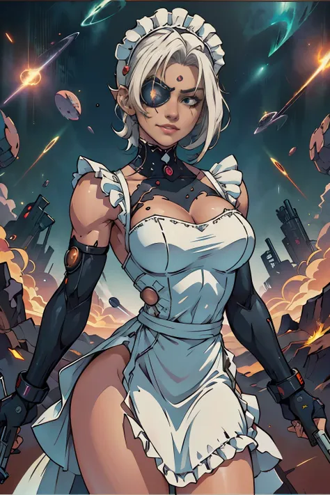 a beautiful cyborg female soldier wearing a maid dress, short white hair, muscular, six-pack abs, (maid dress:1.8), (frilly whit...