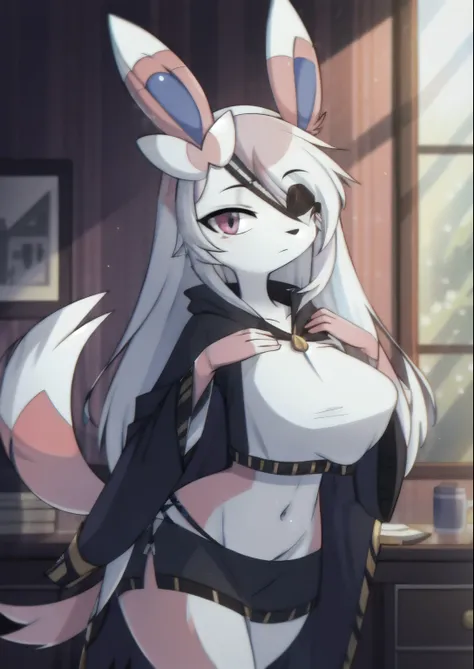 ((masterpiece, best quality)), (Pokémon), (sylveon) (furry), 4k, Detailed, Intricate Details, solo, one character, eye patch, woman with an eye patch, best quality, (female), fluffy fur, (tail), (2 ears), exposed navel, detailed breast, long flowing hair, ...