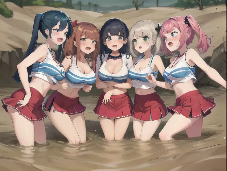 best quality, female, multiple girls, group submerged, standing, front view, muddy, large breasts, wasteland, desert, best quality, sinking, quicksand, 6girls, crowded, close up, sand, multiple girls, slender, blonde hair, black hair, blue hair, silver hai...