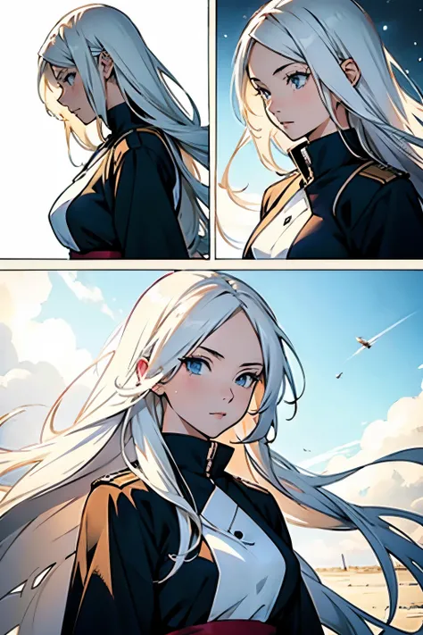 Anime girl with long white hair, manga page with panels and dialogue 