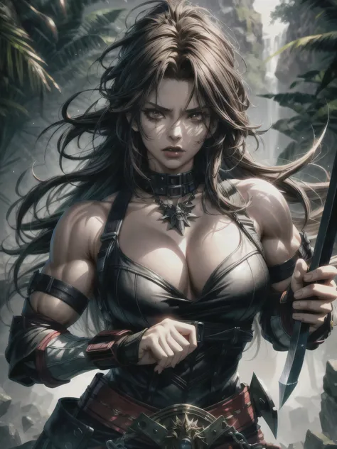 a barbarian girl, aggressive pose, wielding huge axe, powerful, jungle queen, detailed facial features, long hair, muscular build, glowing eyes, feral expression, fierce warrior, photorealistic, cinematic lighting, dramatic composition, rich color palette,...