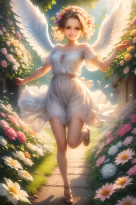 angel art, everyone jumps, smiles, joy, heaven, love, flower garden, happiness, light, lassen