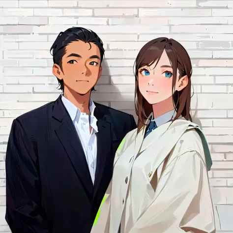 there are two people standing next to each other in front of a brick wall, 2 people, no background, portrait of two people