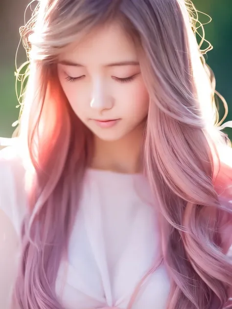 Soft color palette, beautiful girl, Embarrassed look, figure, (highest quality, Super detailed), Pastel Tones, Gentle lighting, Flowing hair, Delicate features, Dreamy atmosphere