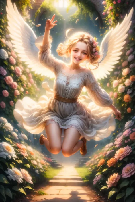 angel art, everyone jumps, smiles, joy, heaven, love, flower garden, happiness, light, lassen