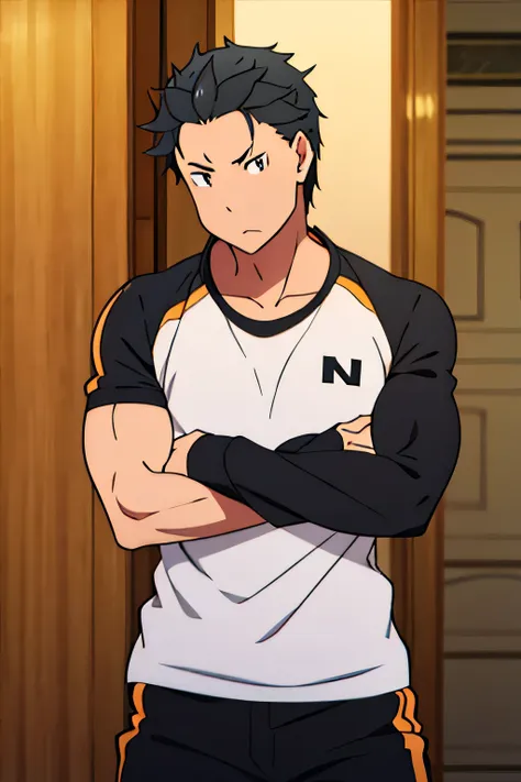 subaru is flexing his biceps. he wears black shorts. you can see his thighs. he looks stoic and serious. he has bulging veins on...