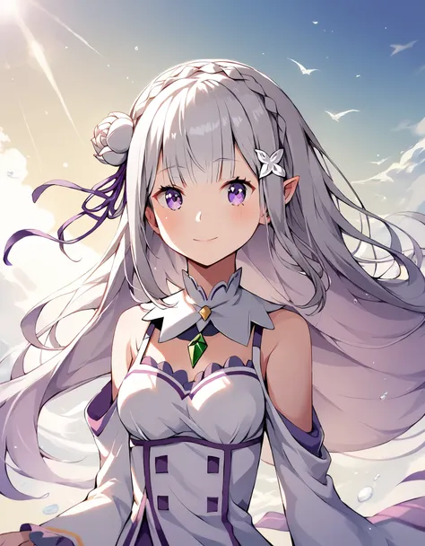 score_9, score_8_up, score_7_up, 1girl,re:emilia \(re:zero\),long hair,grey hair,day,sunlight, floating hair,