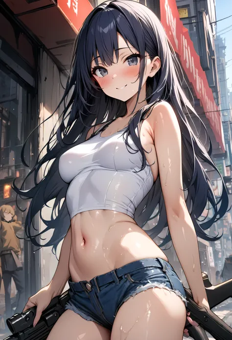 ((masterpiece, highest quality:1.3)),cowboy shot,20 year old beauty,solo,((very small head)),long body,dark blue hair,long hair,black eyes,bangs,medium breasts,,slender body,skinny,shiny skin,oily skin,smile,blush,smile,White tight tank top、Crop length、nav...