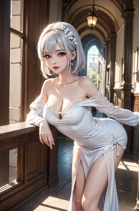 (masterpiece、highest quality、Every detail，Fantastic lighting，Depth of written boundary)(1girl,solo)(cute girl，off shoulder long dress，The dress has a loose fit，Exposing shoulders，No sleeve，White hair bob、medium beautiful breasts，thin and white legs、White s...