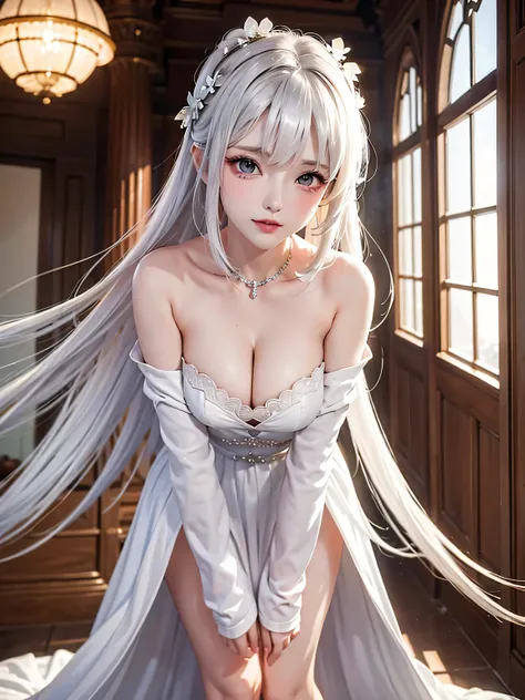 (masterpiece、highest quality、Every detail，Fantastic lighting，Depth of written boundary)(1girl,solo)(cute girl，off shoulder long dress，The dress has a loose fit，Exposing shoulders，No sleeve，White hair bob、medium beautiful breasts，Beautiful cleavage，thin and...