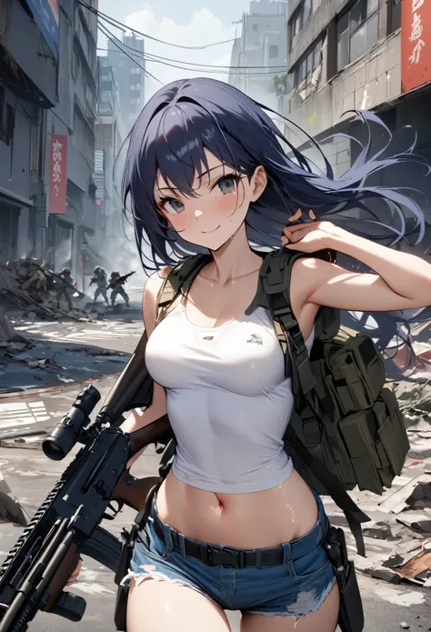 Action Scenes、Urban Warfare、Gunfire戦、((masterpiece, highest quality:1.3)),cowboy shot,20 year old beauty,solo,((very small head)),long body,dark blue hair,long hair,black eyes,bangs,medium breasts,,slender body,skinny,shiny skin,oily skin,smile,White tight...