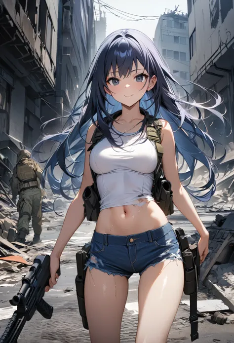 Action Scenes、Urban Warfare、Gunfire戦、((masterpiece, highest quality:1.3)),cowboy shot,20 year old beauty,solo,((very small head)),long body,dark blue hair,long hair,black eyes,bangs,medium breasts,,slender body,skinny,shiny skin,oily skin,smile,White tight...