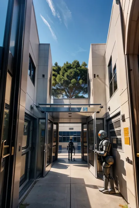 Front view of a school in daytime space with students entering and robots at the school door waving to students entering