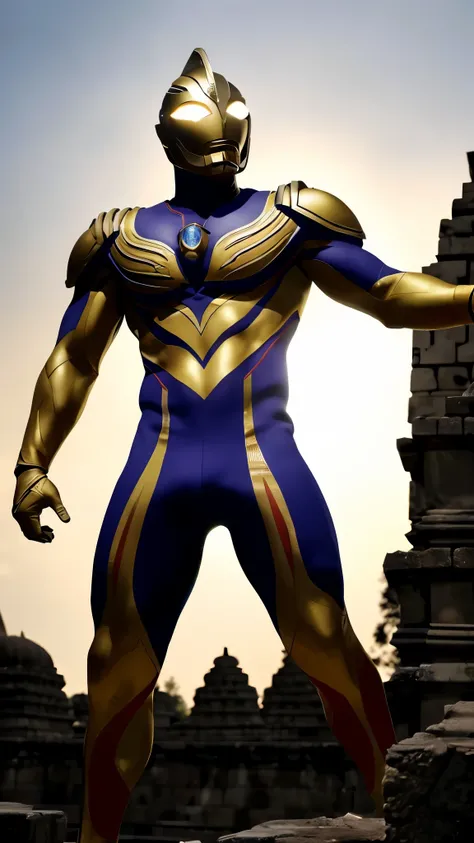 a highly detailed photograph of a muscular man in a golden suit of armor, wearing a spartan helmet and holding a shield and sword, standing in the ruins of the Borobudur temple, with glowing yellow eyes and a glowing effect emanating from below, (best qual...