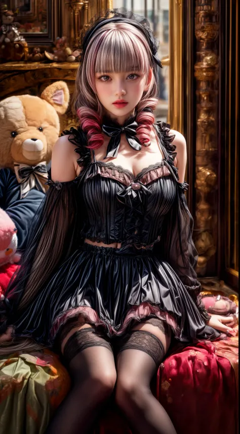 Mature Woman、Pink Hair、Light gray hair、((Two-tone hair))、Black Lolita dress with delicate pink embellishments、Slender women、Cute Woman、 8K Ultra HD,Detailed face、Delicate texture, Long Hair、(((Blunt bangs)))、(((Drill Hair)))、Tutu skirt、Thigh-length tights、...