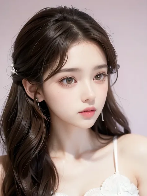 A beautiful chicas, chicas, with curly brown hair, con rizos en los extremos, all her brown hair, with a star clip in her white brown hair, ojos de color claro, ojos bonitos, ojos llorosos, beautiful and ojos llorosos, una bonita, nariz respingona, una nar...