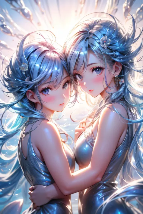 multiple exposure, masterpiece:1.2, highest quality, 16k, highres, ultra-realistic, photorealistic:1.37, beautiful detailed:1.2, cute mermaid 2 girls, swimming in a ocean full of jellyfish, ocean(colorful jellyfish, jellyfish, aquamarine), Beautiful and el...