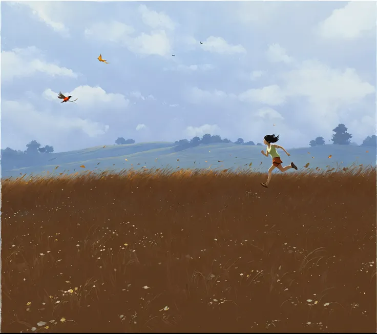 painting of a person running in the fields with a bird flying in the sky, spiritual inspiration comes from goro fujita, desolate...