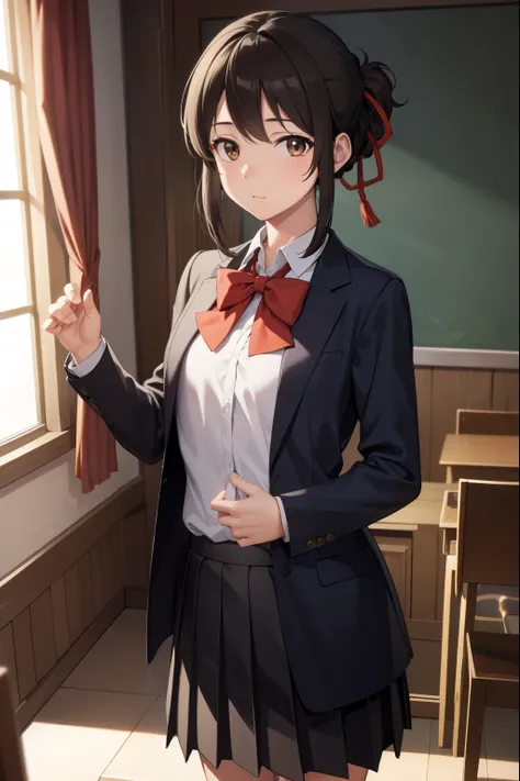 mitsuhamiyamizu, mitsuha miyamizu, black hair, (brown eyes:1.5), hair ribbon, (small breast:1.2),
BREAK bow, bowtie, kneehighs, pleated skirt, red bow, red bowtie, , skirt, white shirt, long sleeves,
BREAK looking at viewer,
BREAK indoors, classroom,
BREAK...