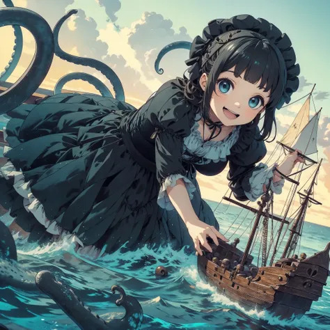 giant girl leaning out of the sea. she wears a gothic dress. dress with ruffles. innocent laughter.  grab and sink the ship. woo...