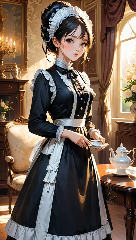 create an image of a classical maid holding a tea set in a luxurious victorian living room. the maid should be wearing a traditi...