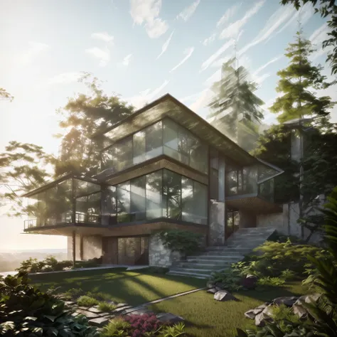 the exterior of the house; garden landscape, a pool with clear water, daytime, realistic, wide angle, (( render vray )), cloudy sky, morning, sunlight, European plants, render, spring light, detailed, modern style, clear image, glasses, high reflection,

R...