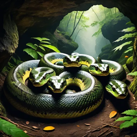 giant long snake with 5 heads in the cave of a deep forest in mountant