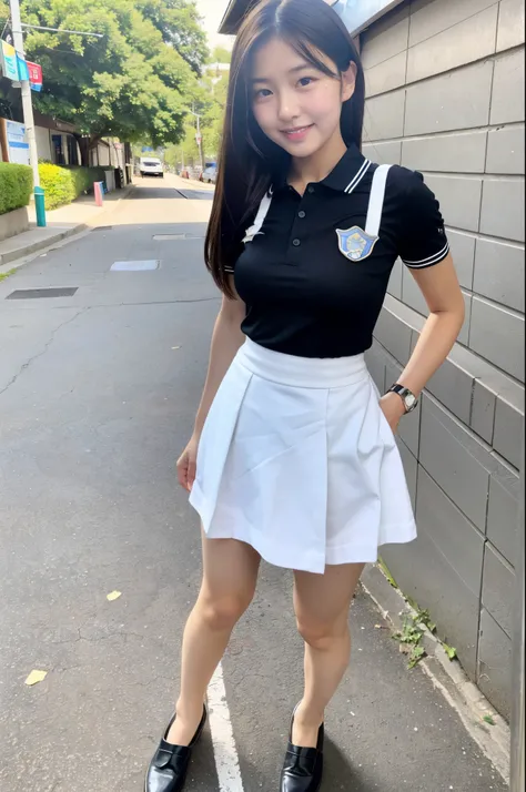 ((highest quality)), ((masterpiece)),((Lift the hem of a skirt)),((Showing white panties)),(detailed), Perfect Face, A 20-year-old as cute as a 15-year-old idol, A kind smile, Female police officer, Police uniform, mini skirt, Cleavage,  whole body, City S...