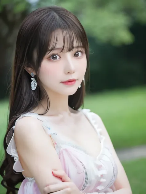 Realistic photos (1 cute Japanese actress) Straight long hair, light makeup, Medium chest, Long dress, close, Canon EOS 8K high resolution captures facial features clearly, Sharp details, Realistically