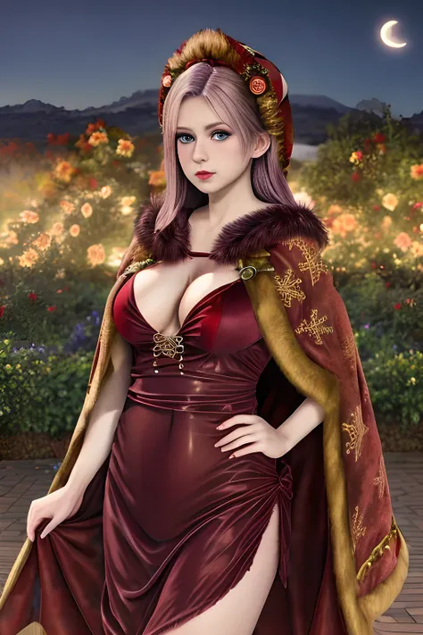 1girl,(RED theme: 1.2), (Velvet fabric nightgown: 1.2), (Koch snowflake cloak: 1.5), ,garden,moon,huge breasts,lactating,(lip gloss),(masterpiece), best quality, (real life portrait photography:1.5),unltra detailed,8K,Shot with a professional-grade camera ...