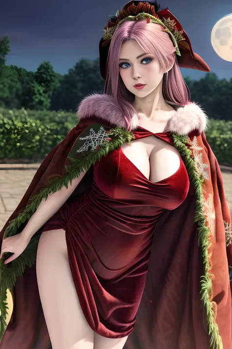 1girl,(RED theme: 1.2), (Velvet fabric nightgown: 1.2), (Koch snowflake cloak: 1.5), ,garden,moon,huge breasts,lactating,(lip gloss),(masterpiece), best quality, (real life portrait photography:1.5),unltra detailed,8K,Shot with a professional-grade camera ...