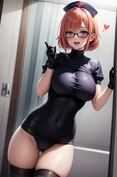 1girl, solo,black  nurse, black nurse cap, black wear, ((black legwear, zettai ryouiki)), black gloves, very short hair, orange hair, smile, open mouth, standing, ((hospital room)), sharp outline, short sleeves, tomboy, boyish, best quality, masterpiece,fa...