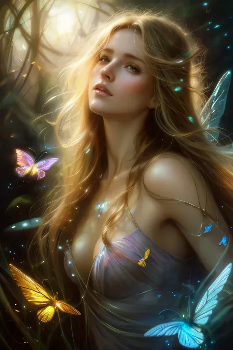 Hyperrealistic digital painting, beautiful fairy with reflections in detailed eyes, surreal background, serenity and magic infused, butterflies showcasing transparent wings and luminescence, long messy blonde hair, artistic fusion of Jose Royo, Boris Valle...