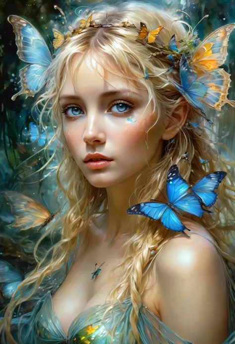 Hyperrealistic digital painting, beautiful fairy with reflections in detailed eyes, surreal background, serenity and magic infused, butterflies showcasing transparent wings and luminescence, long messy blonde hair, artistic fusion of Jose Royo, Boris Valle...