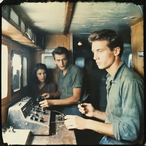side-view, perspective, grainy, polaroid, 35mm vintage, scary, horror-movie, 4 young adults operating ham-radio, transmitter and receiver inside ship cabin, cabin