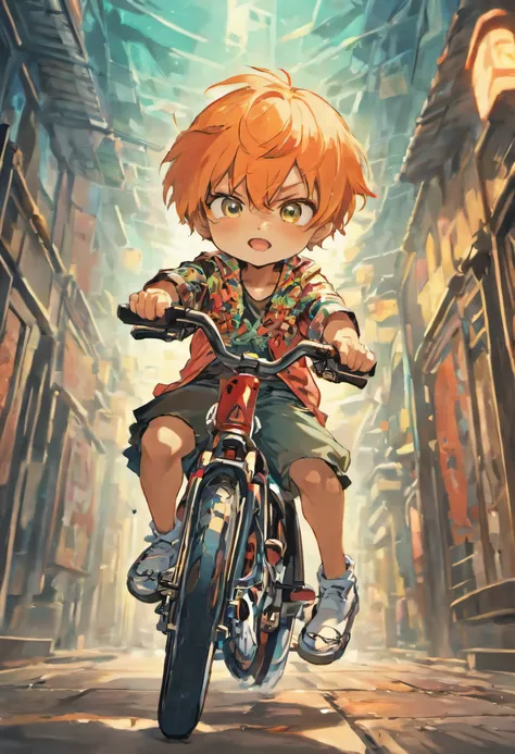 Chibi Character、Skeleton riding a bike、The hairstyle is a pompadour、Wearing an Aloha shirt