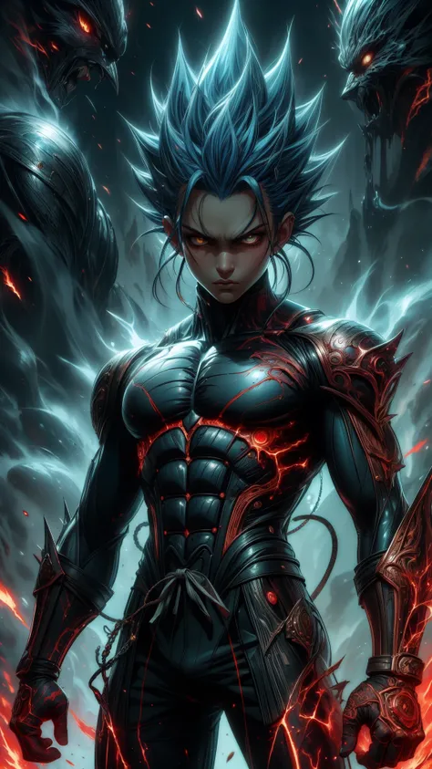 (Aesthetics, Hi-Res: 1.2), Get ready for a visual feast with 17 year old Vegeta, solo, brilliant blue hair and tattoos, a creature with a handsome face and piercing golden eyes . In his transformed state, he radiates extreme instinct and power, creating an...