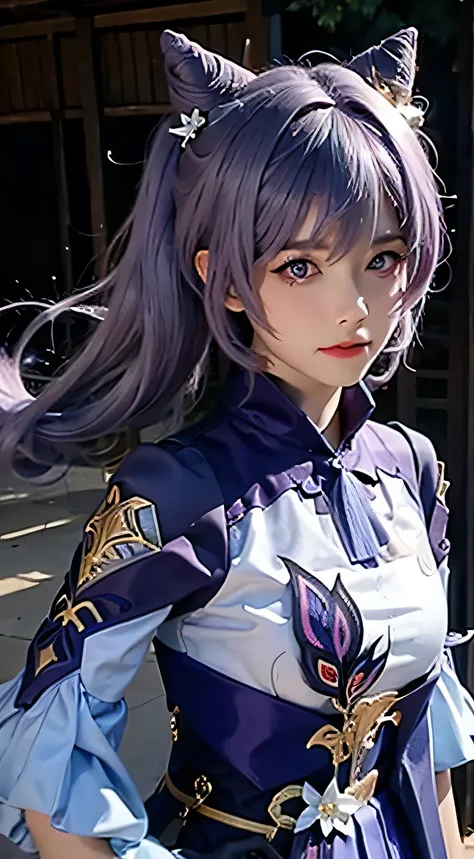 Masterpiece, best quality, detail, depth of field, ultra-realistic, realistic face and eyes, realistic skin texture, cinematic lighting, eyes to see the audience. 1 girl, solo, (frown, closed mouth), keqing_(genshin_impact), purple_eyes, purple hair, doubl...