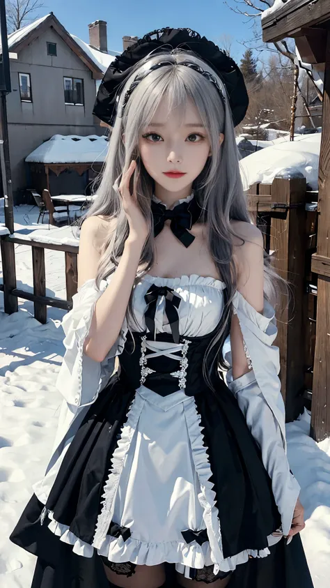 8K, Best quality, masterpiece, Photo-realistic, Hide your face with happiness, Black Lolita costume, Lace, Alice Gainsborough, whole body, underwear, Expose bare shoulders, external, external, Covered with snow, cloak, high quality, Adobe Lightroom, High D...