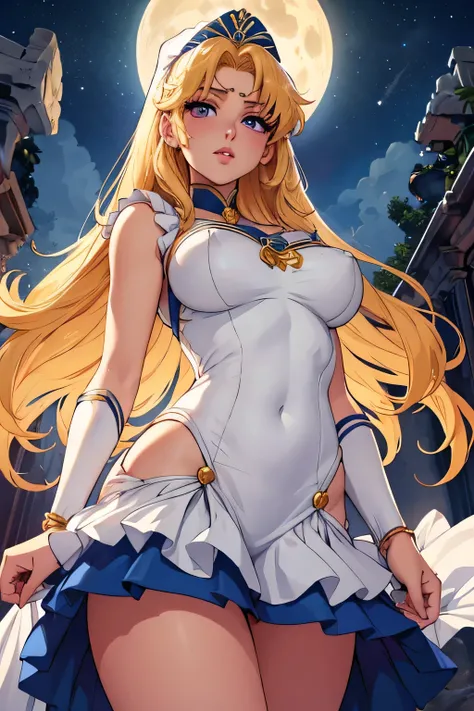 serena tsukino sailor moon, rubia de ojos celestes, dos largas coletas, con un elegante vestido largo de fiesta, en una noche con la luna llena de fondo, en el antiguo grecia, mirada seductora, sonrojada, muy sexy y sensual, aspecto de diosa