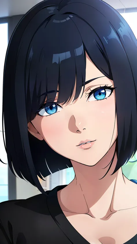 (best quality:1.5, highres, UHD, 4K, detailed lighting, shaders), black hair, bob cut, hair covering one eye, cool woman, cool girl, sharp eyes, blue eyes, beautiful, indoors background, casual clothes, (pov, close shot)