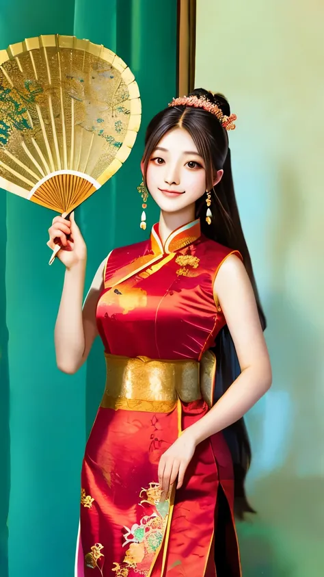 arafed woman in traditional chinese dress holding a fan and posing for a picture, ancient chinese beauties, traditional chinese art, by Zhang Shuqi, by Lu Guang, by Tang Sin Yun Sandara, chinese art, chinese woman, ancient china art style, traditional beau...